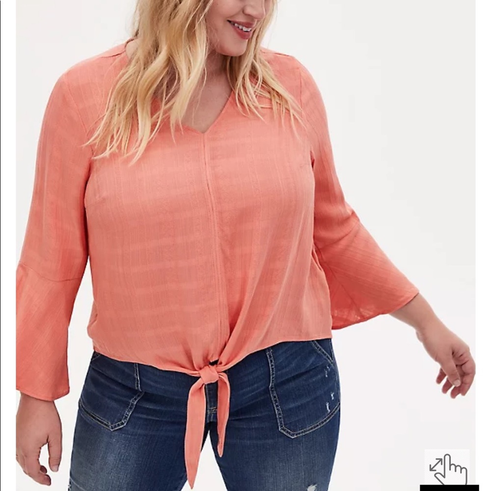 Torrid Coral Textured Tie Front Midi Blouse Bell Sleeve NWT